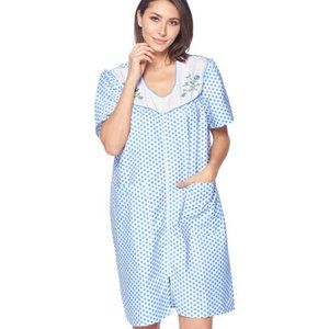 Casual Nights Women's Zipper Front House Dress Short Sleeves Embroidered Seersuc